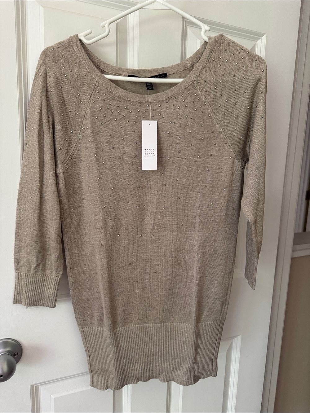 White House Black Market Taupe Scoop Neck Embellished Sweater